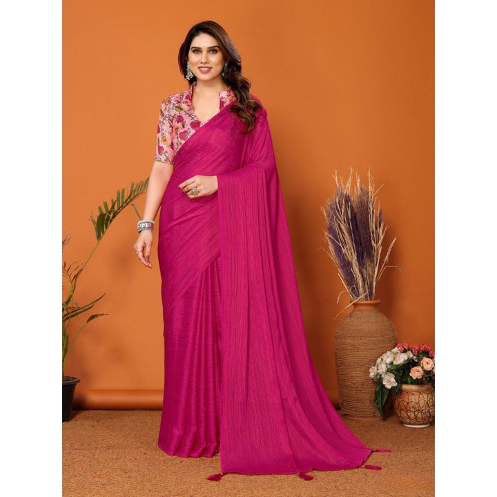 Odette Women Magenta Polyester Solid Saree with Unstitched Blouse