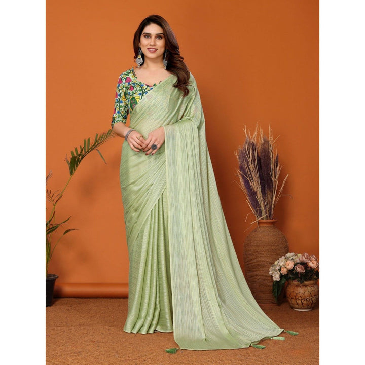 Odette Women Green Polyester Solid Saree with Unstitched Blouse