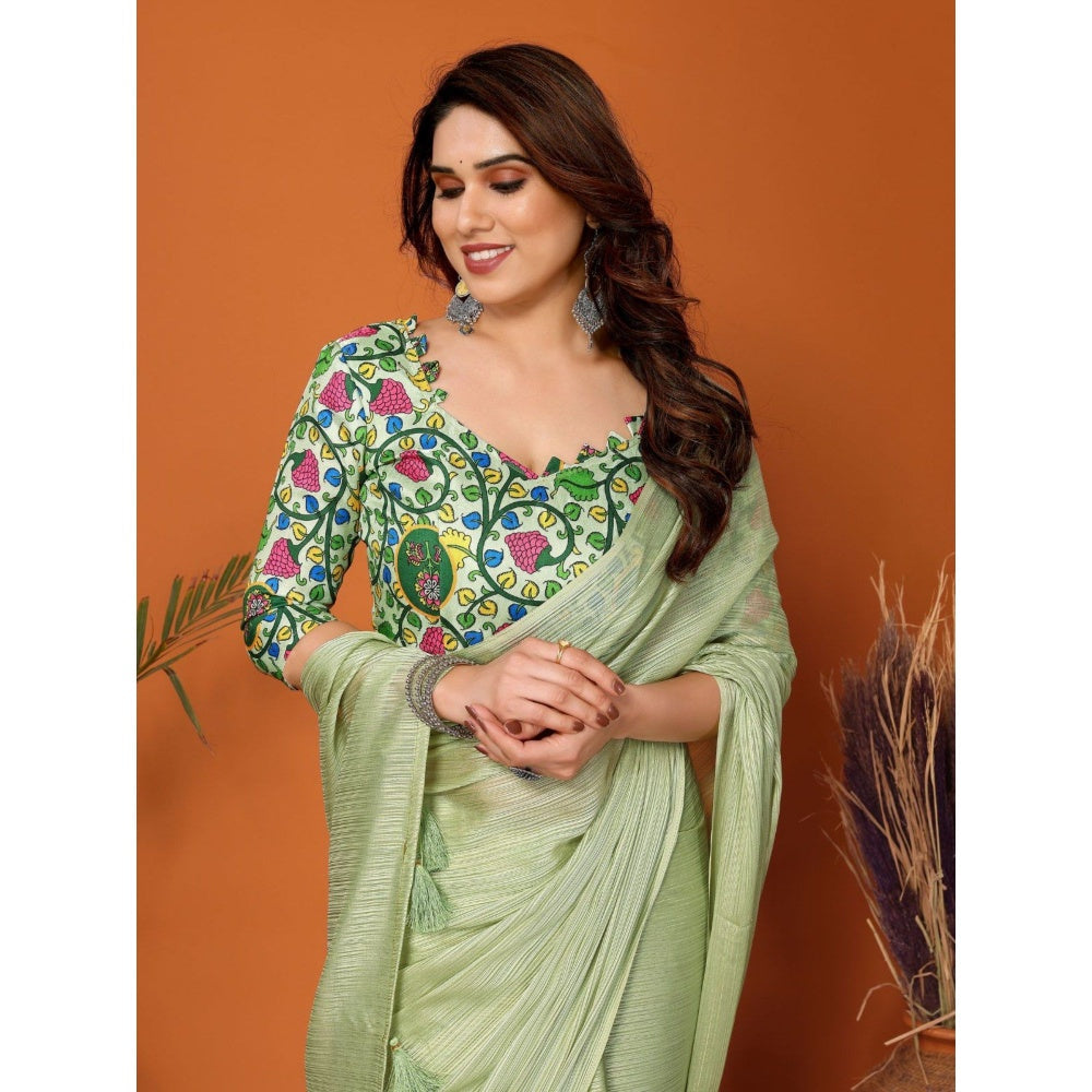 Odette Women Green Polyester Solid Saree with Unstitched Blouse