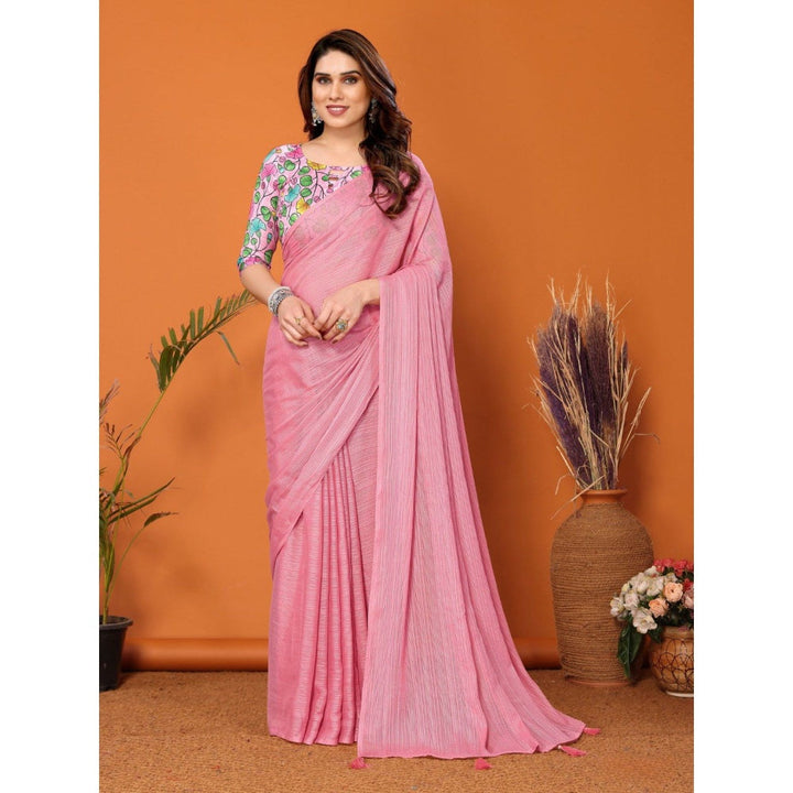 Odette Women Pink Polyester Solid Saree with Unstitched Blouse