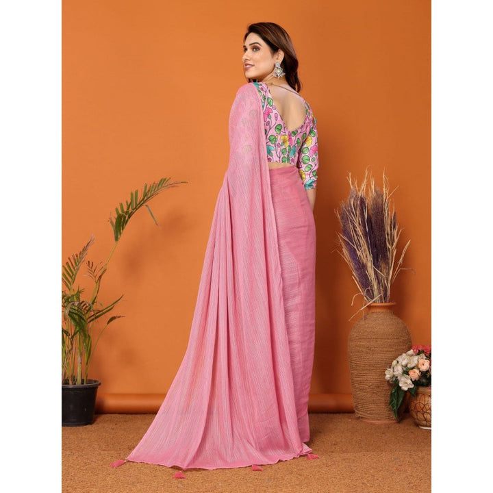 Odette Women Pink Polyester Solid Saree with Unstitched Blouse