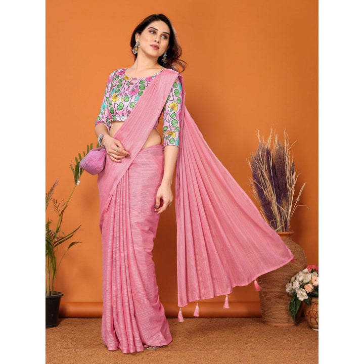 Odette Women Pink Polyester Solid Saree with Unstitched Blouse