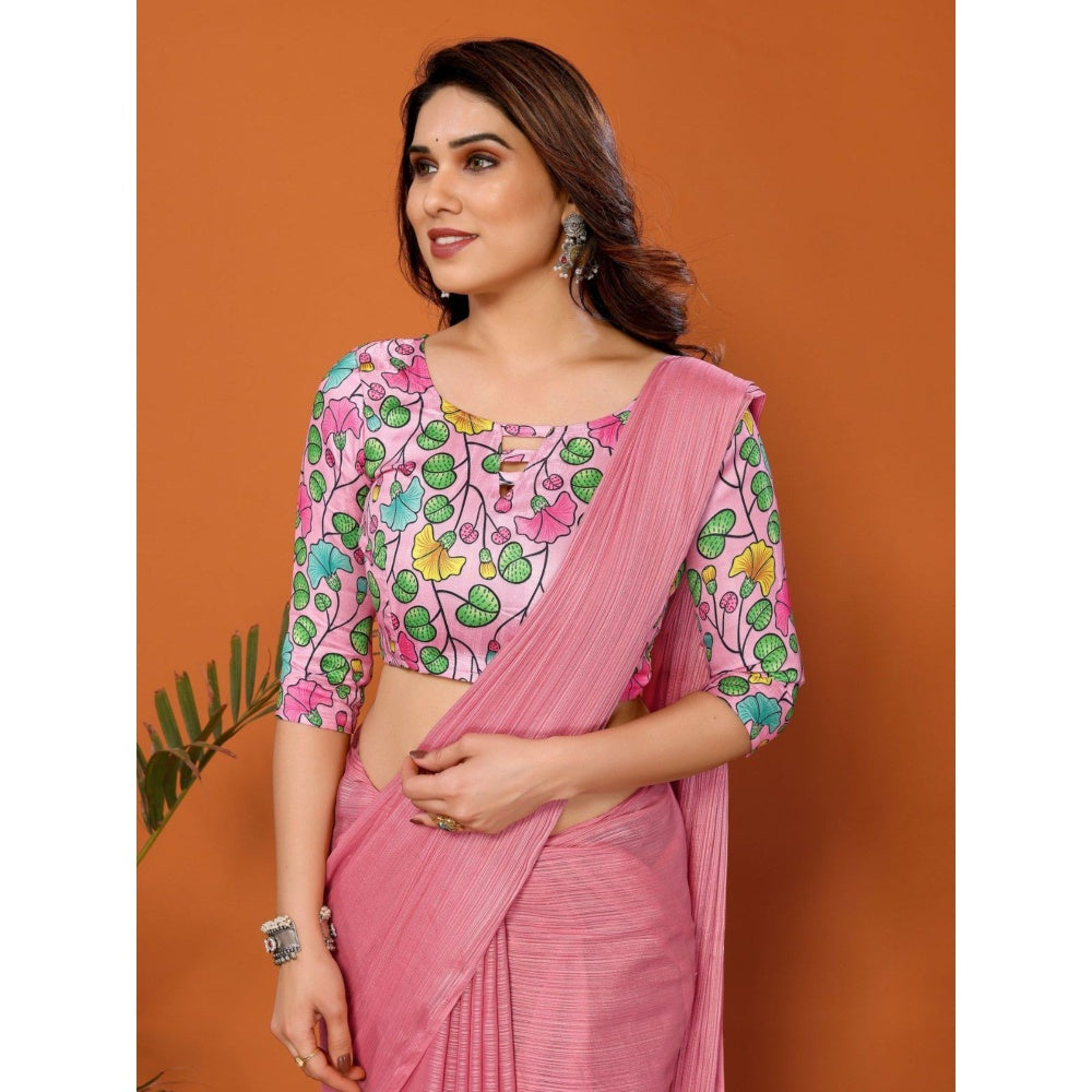 Odette Women Pink Polyester Solid Saree with Unstitched Blouse