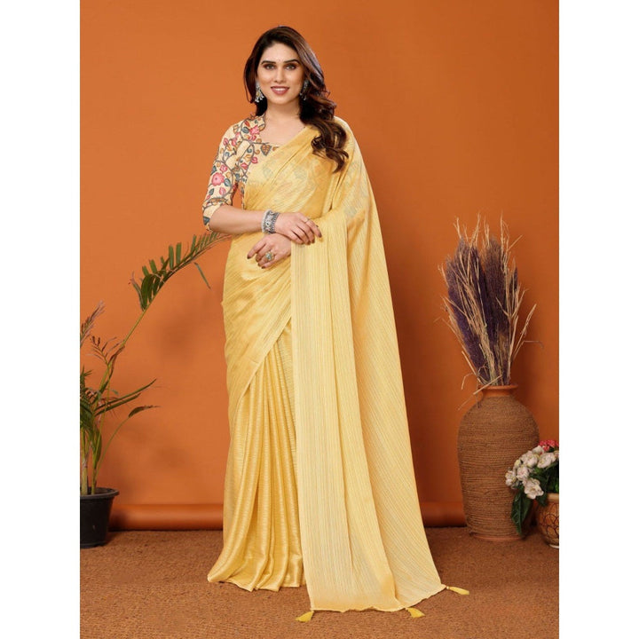 Odette Women Yellow Polyester Solid Saree with Unstitched Blouse