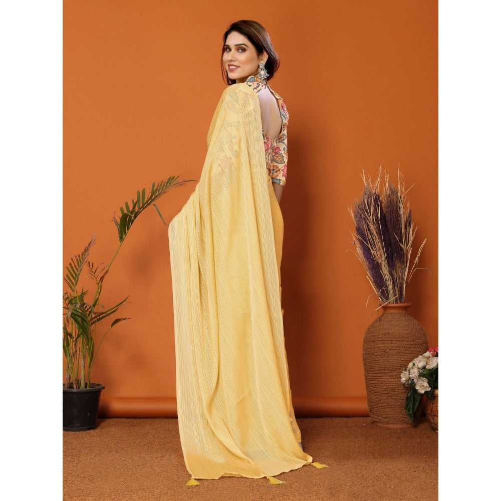 Odette Women Yellow Polyester Solid Saree with Unstitched Blouse