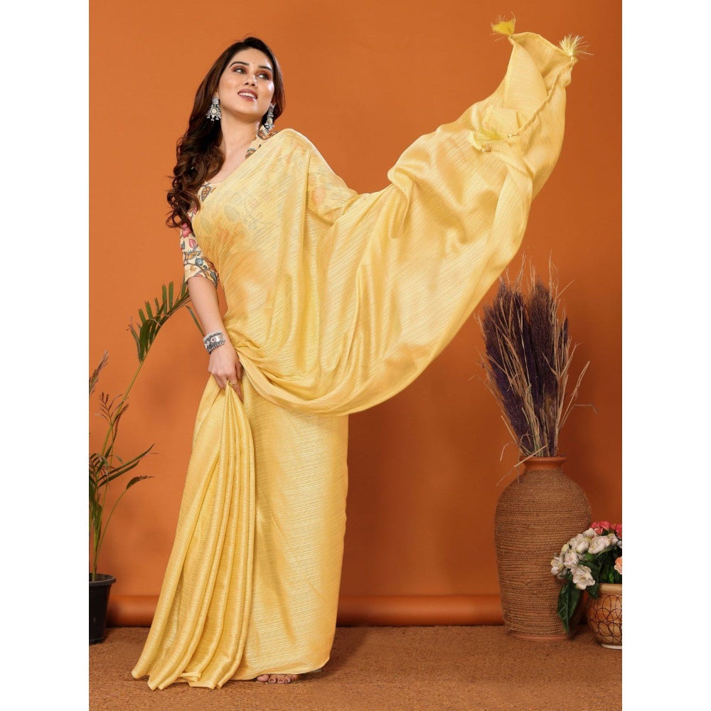 Odette Women Yellow Polyester Solid Saree with Unstitched Blouse