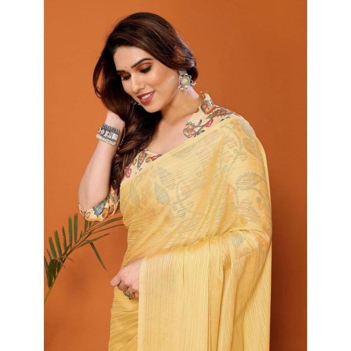 Odette Women Yellow Polyester Solid Saree with Unstitched Blouse