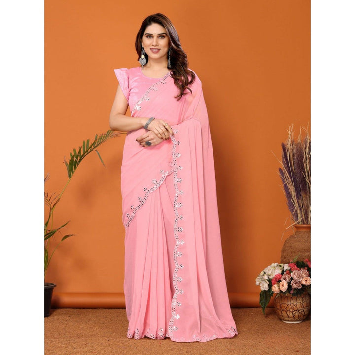 Odette Women Light Pink Georgette Mirror Work Saree with Unstitched Blouse