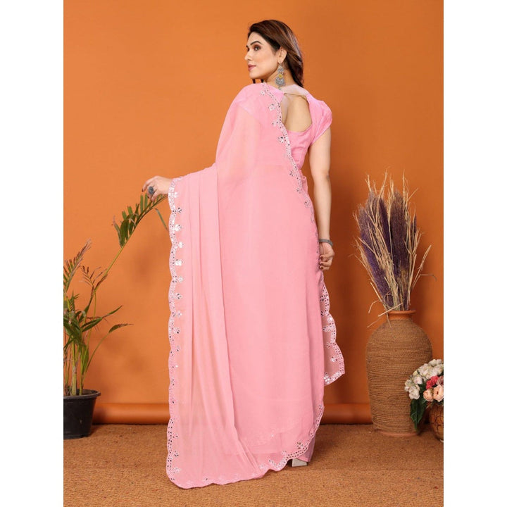 Odette Women Light Pink Georgette Mirror Work Saree with Unstitched Blouse