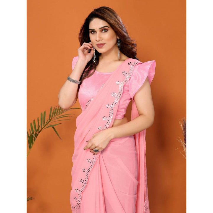 Odette Women Light Pink Georgette Mirror Work Saree with Unstitched Blouse