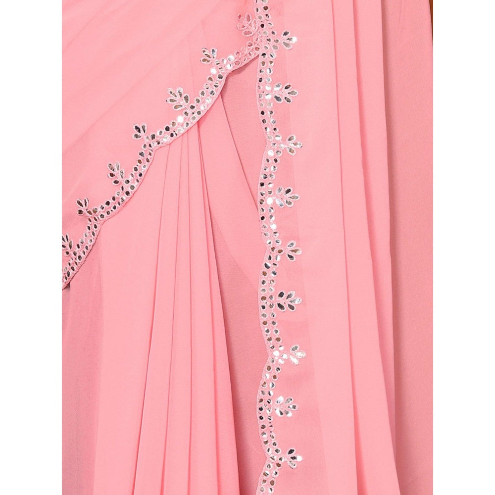 Odette Women Light Pink Georgette Mirror Work Saree with Unstitched Blouse