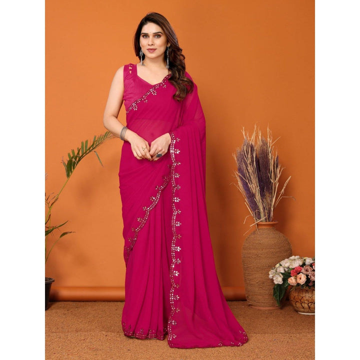 Odette Women Dark Pink Georgette Mirror Work Saree with Unstitched Blouse