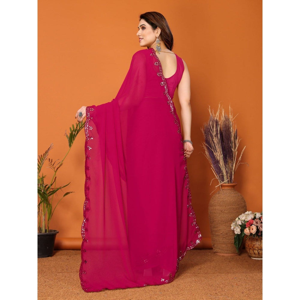 Odette Women Dark Pink Georgette Mirror Work Saree with Unstitched Blouse