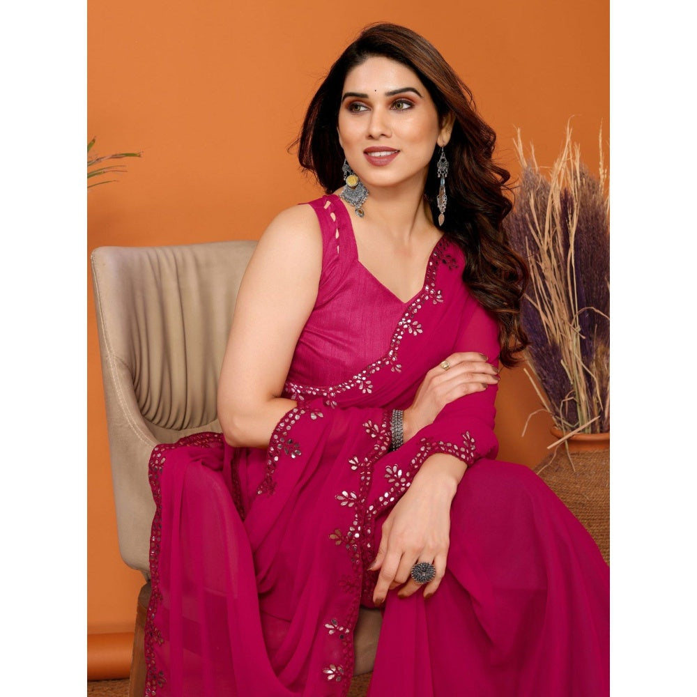 Odette Women Dark Pink Georgette Mirror Work Saree with Unstitched Blouse