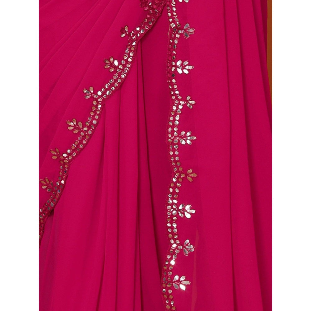 Odette Women Dark Pink Georgette Mirror Work Saree with Unstitched Blouse