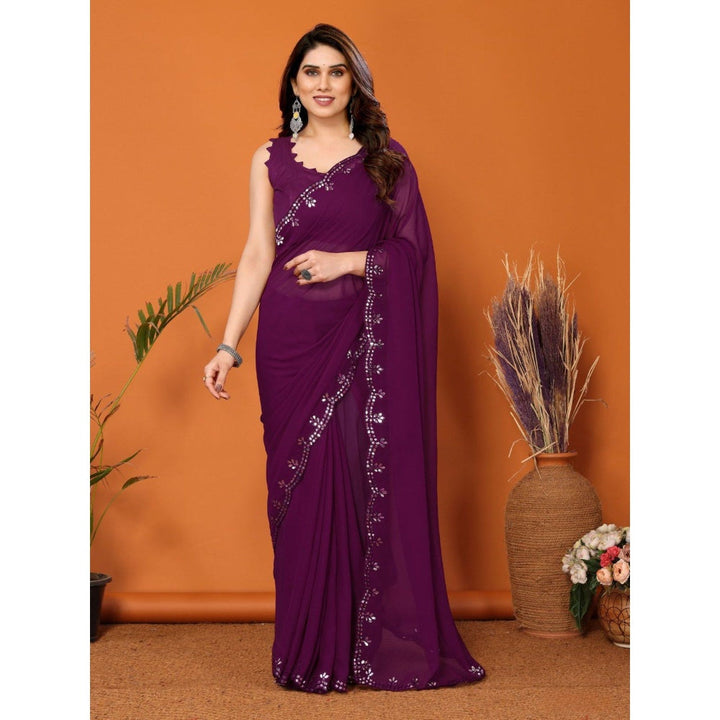 Odette Women Purple Georgette Mirror Work Saree with Unstitched Blouse