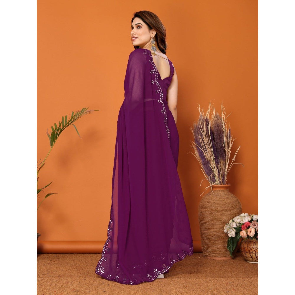 Odette Women Purple Georgette Mirror Work Saree with Unstitched Blouse