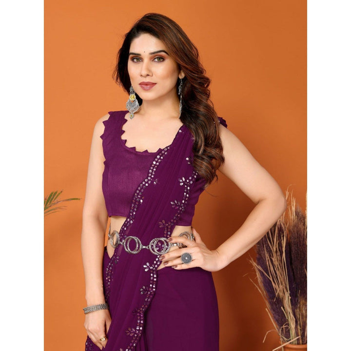 Odette Women Purple Georgette Mirror Work Saree with Unstitched Blouse