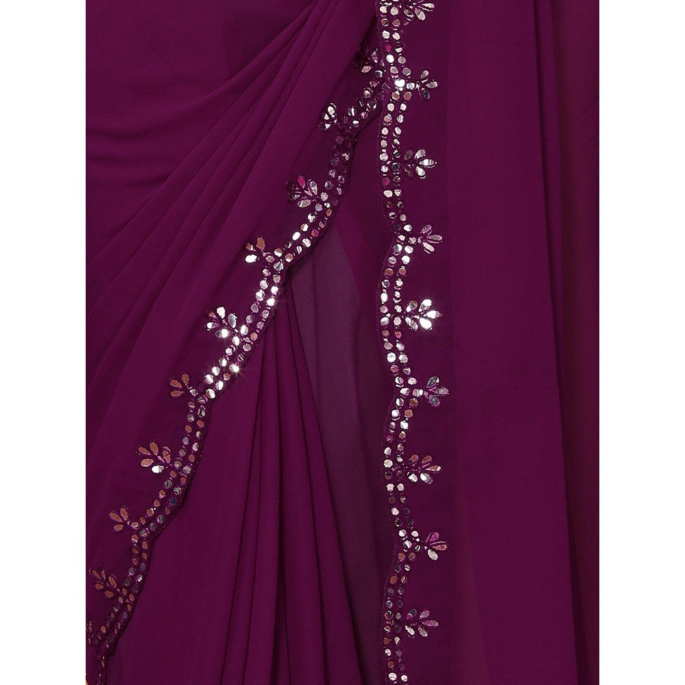 Odette Women Purple Georgette Mirror Work Saree with Unstitched Blouse