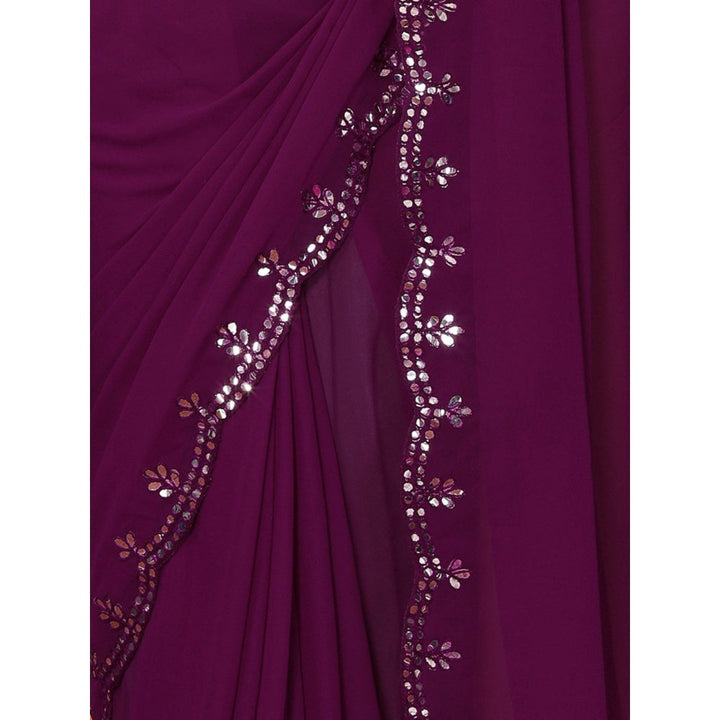 Odette Women Purple Georgette Mirror Work Saree with Unstitched Blouse