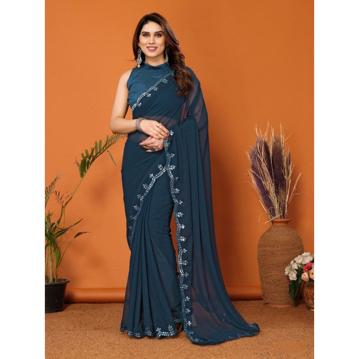 Odette Women Teal Georgette Mirror Work Saree with Unstitched Blouse