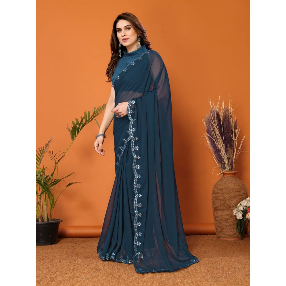 Odette Women Teal Georgette Mirror Work Saree with Unstitched Blouse