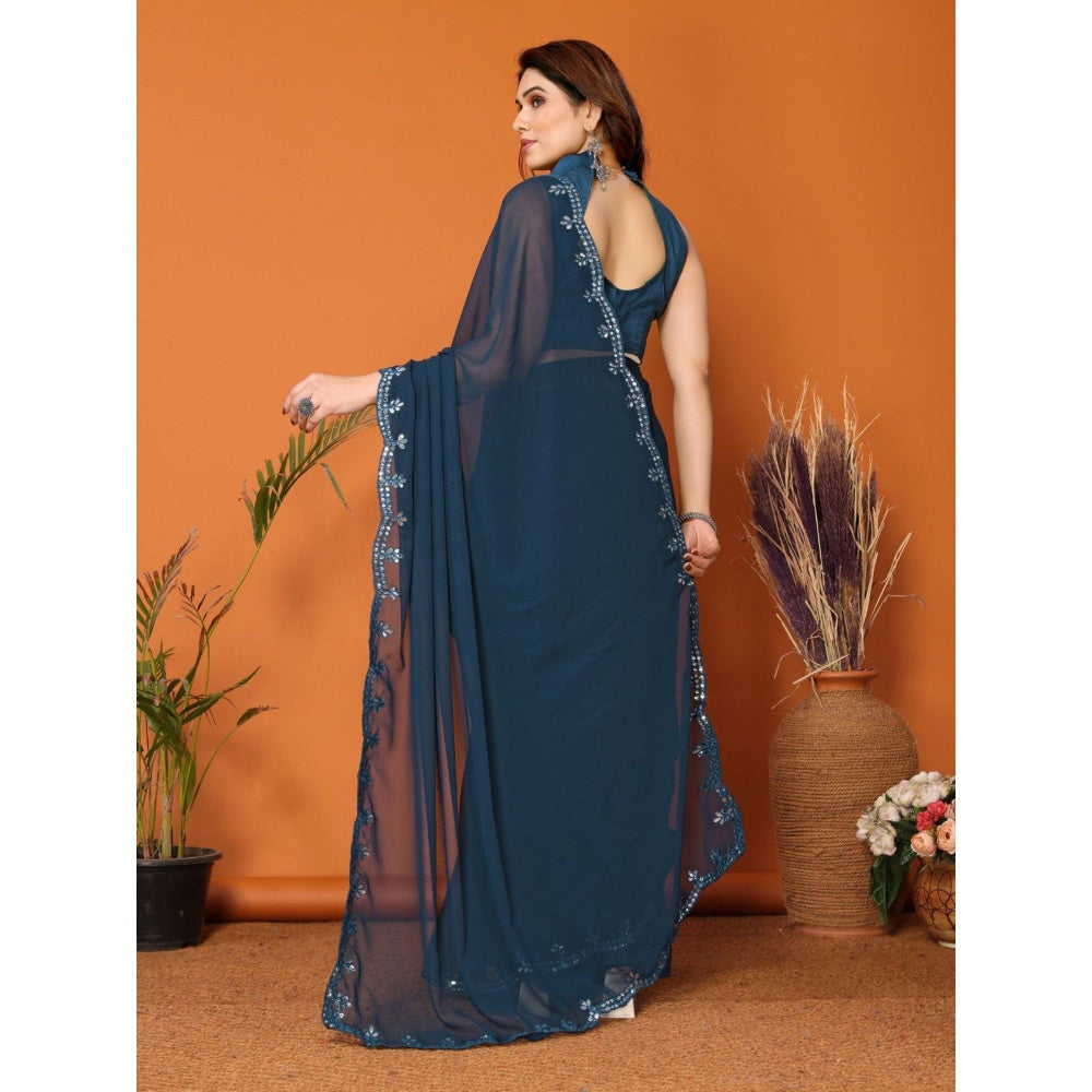 Odette Women Teal Georgette Mirror Work Saree with Unstitched Blouse