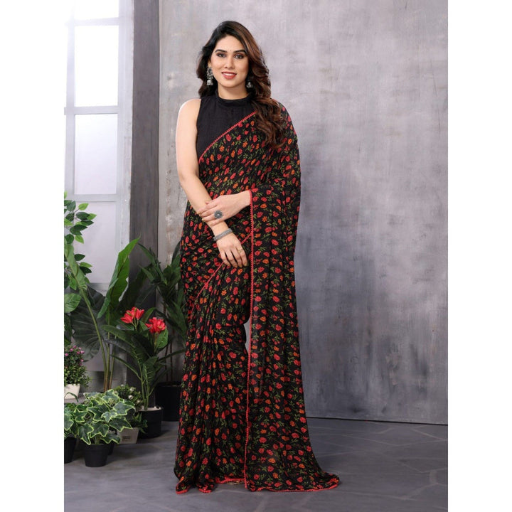 Odette Women Black and Red Georgette Printed Saree with Unstitched Blouse