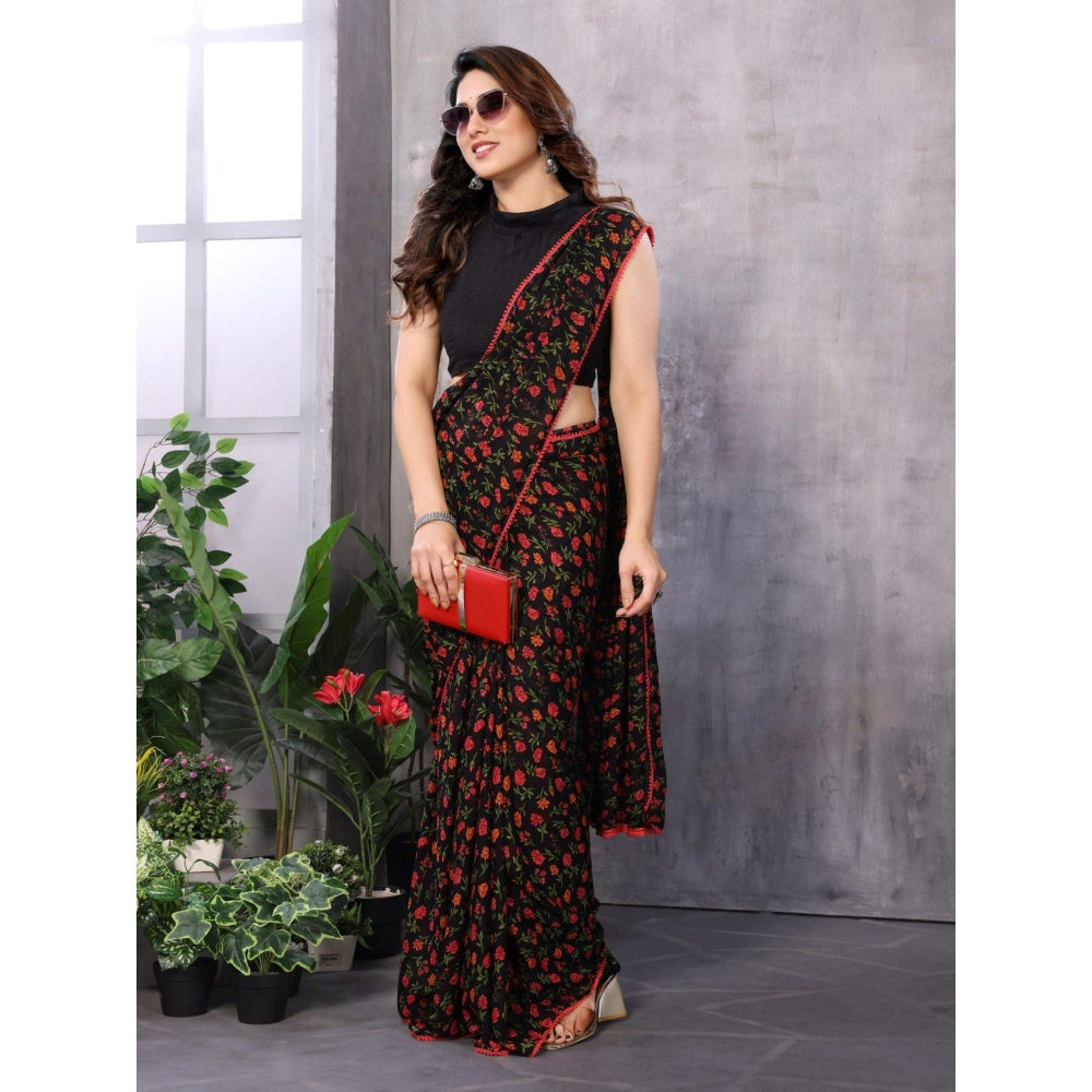 Odette Women Black and Red Georgette Printed Saree with Unstitched Blouse