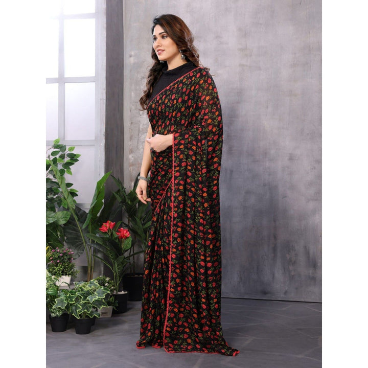 Odette Women Black and Red Georgette Printed Saree with Unstitched Blouse