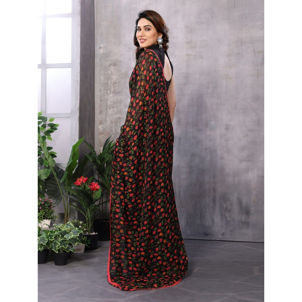 Odette Women Black and Red Georgette Printed Saree with Unstitched Blouse