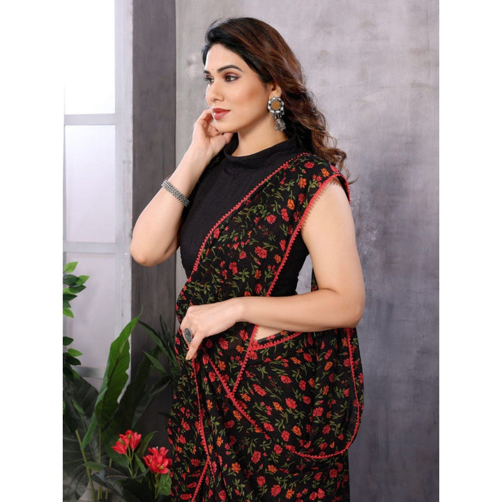 Odette Women Black and Red Georgette Printed Saree with Unstitched Blouse