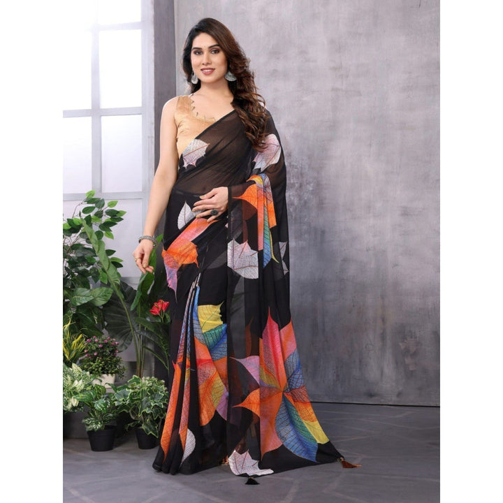 Odette Women Black Georgette Printed Saree with Unstitched Blouse