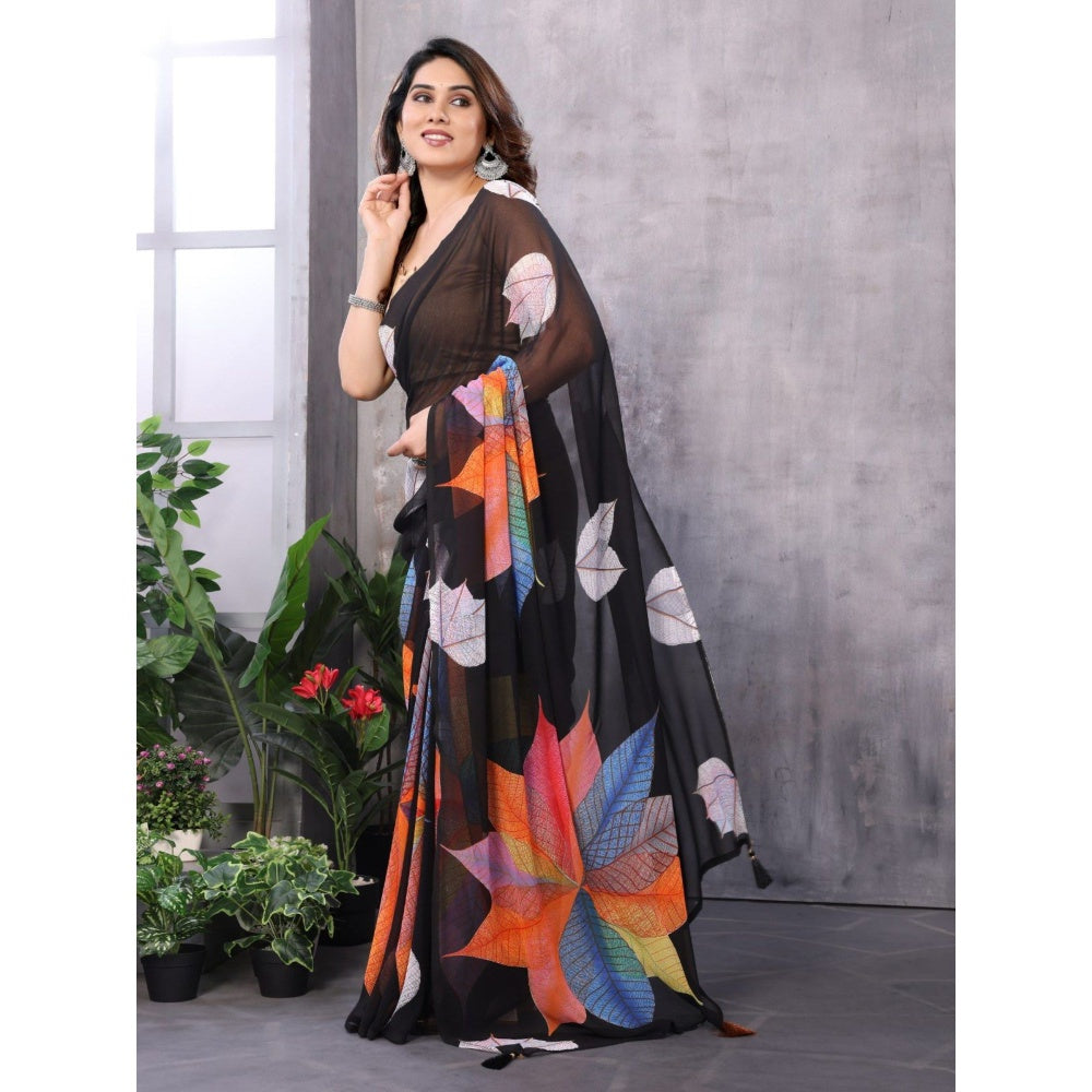 Odette Women Black Georgette Printed Saree with Unstitched Blouse