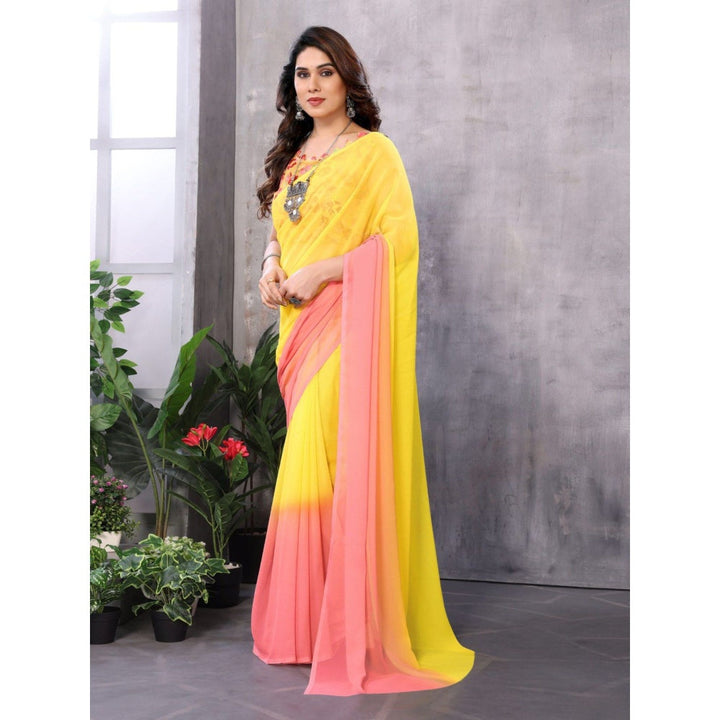 Odette Women Yellow and Pink Georgette Solid Saree with Unstitched Blouse