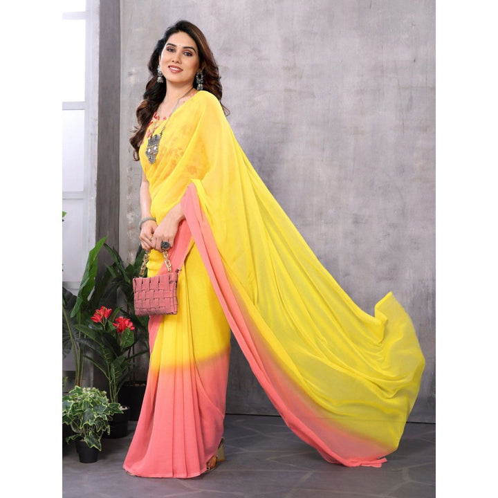 Odette Women Yellow and Pink Georgette Solid Saree with Unstitched Blouse