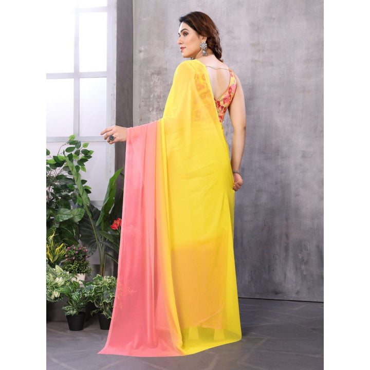 Odette Women Yellow and Pink Georgette Solid Saree with Unstitched Blouse