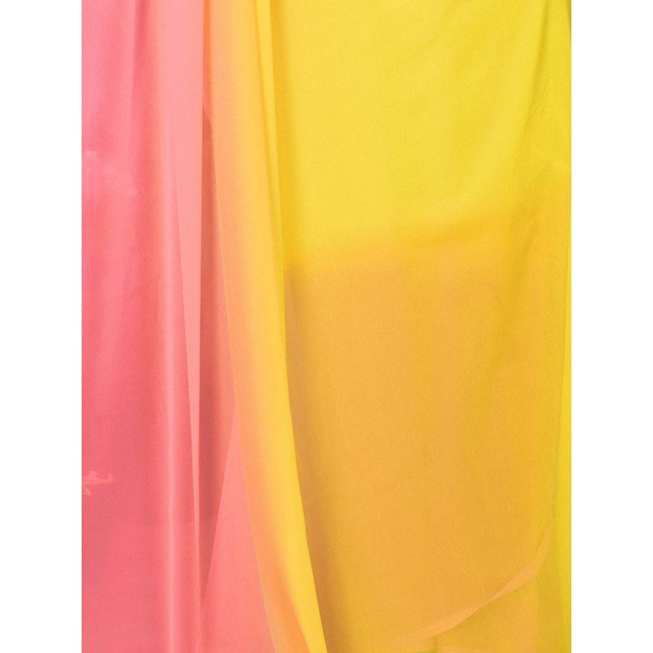 Odette Women Yellow and Pink Georgette Solid Saree with Unstitched Blouse