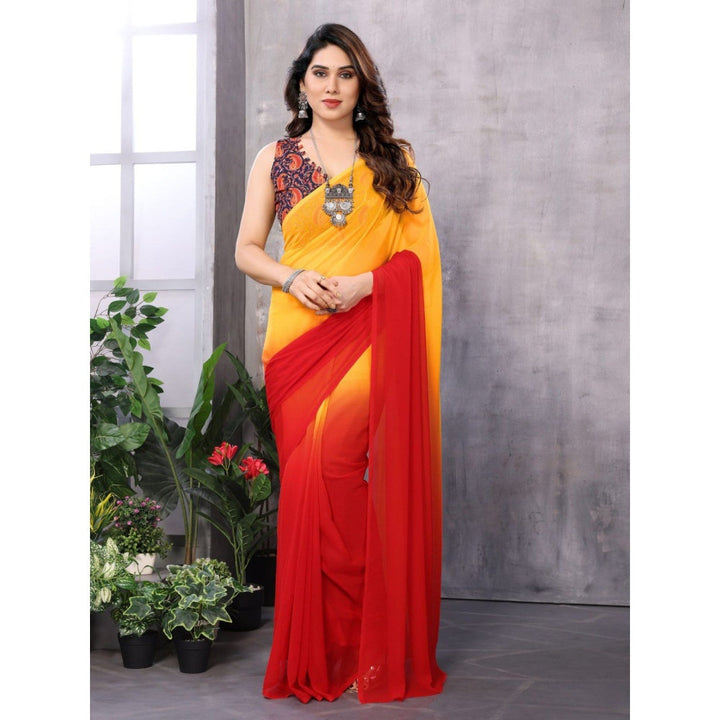 Odette Women Yellow and Red Georgette Solid Saree with Unstitched Blouse