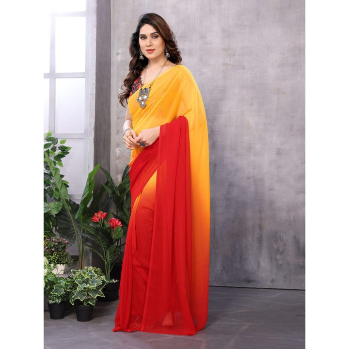 Odette Women Yellow and Red Georgette Solid Saree with Unstitched Blouse