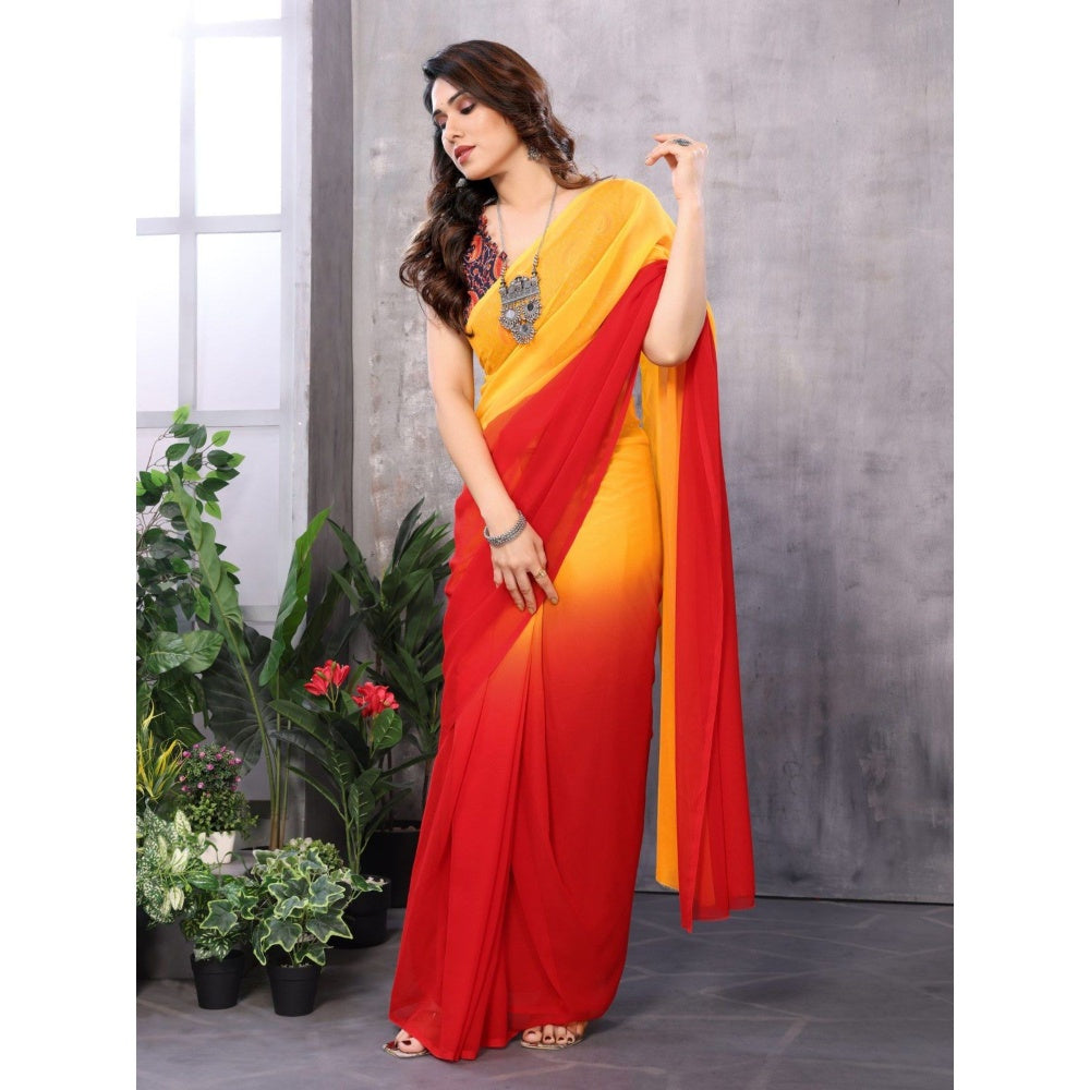 Odette Women Yellow and Red Georgette Solid Saree with Unstitched Blouse