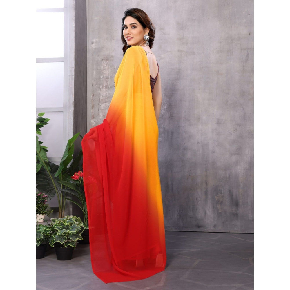 Odette Women Yellow and Red Georgette Solid Saree with Unstitched Blouse