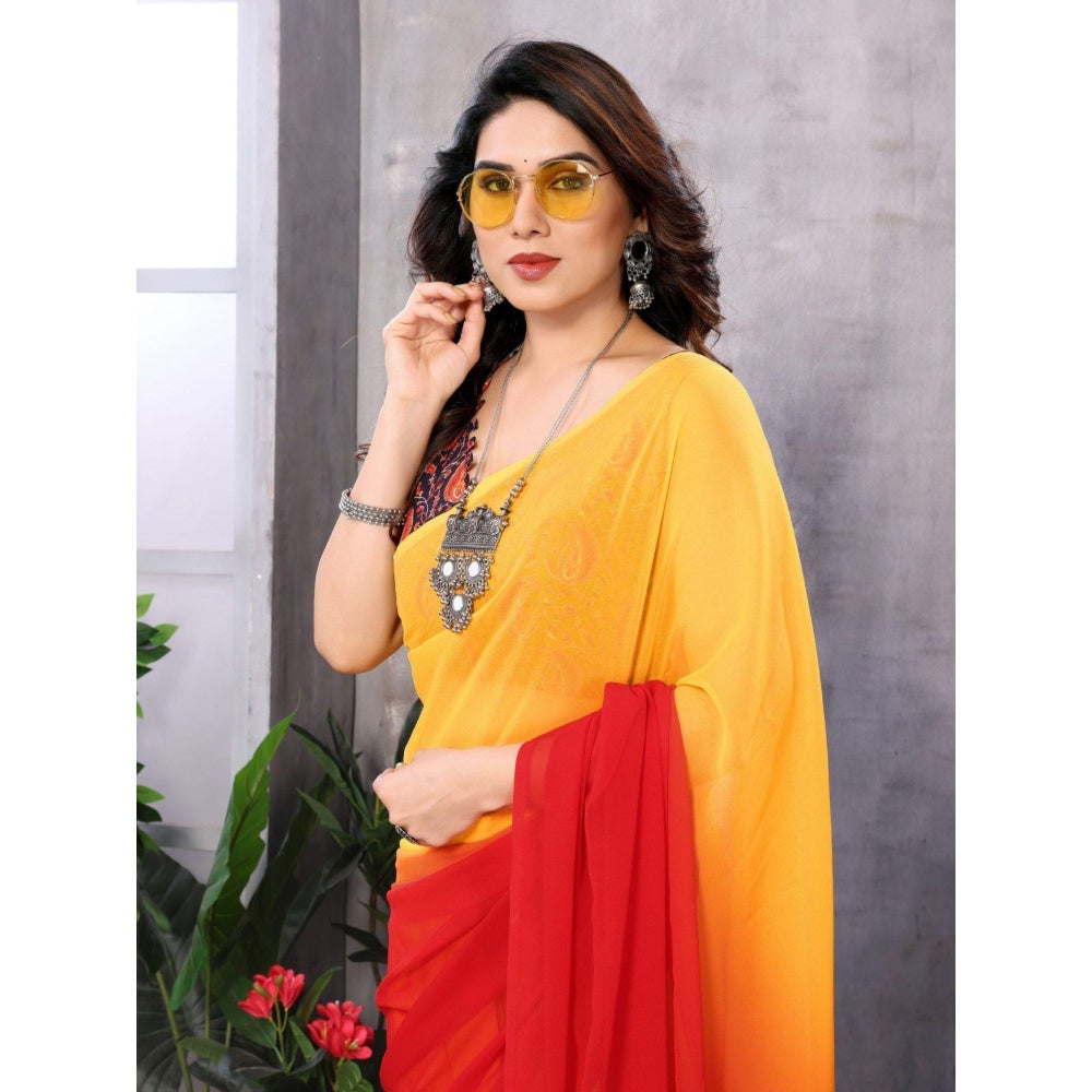 Odette Women Yellow and Red Georgette Solid Saree with Unstitched Blouse