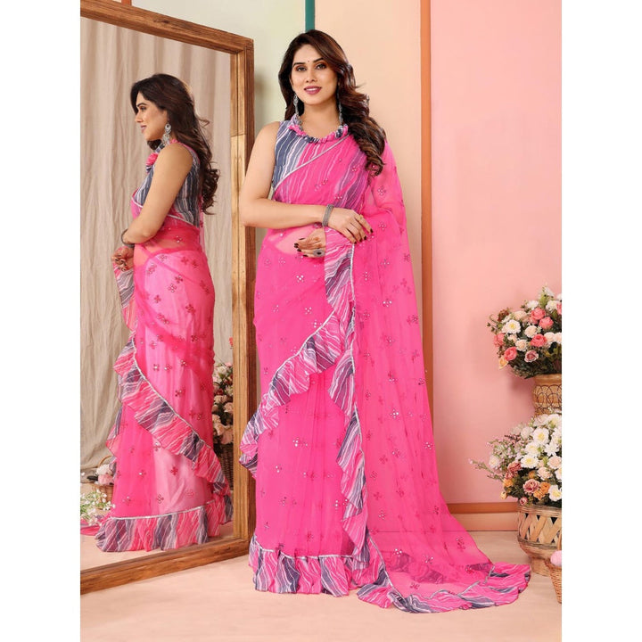 Odette Women Pink Net Mirror Work Saree & Unstitched Blouse