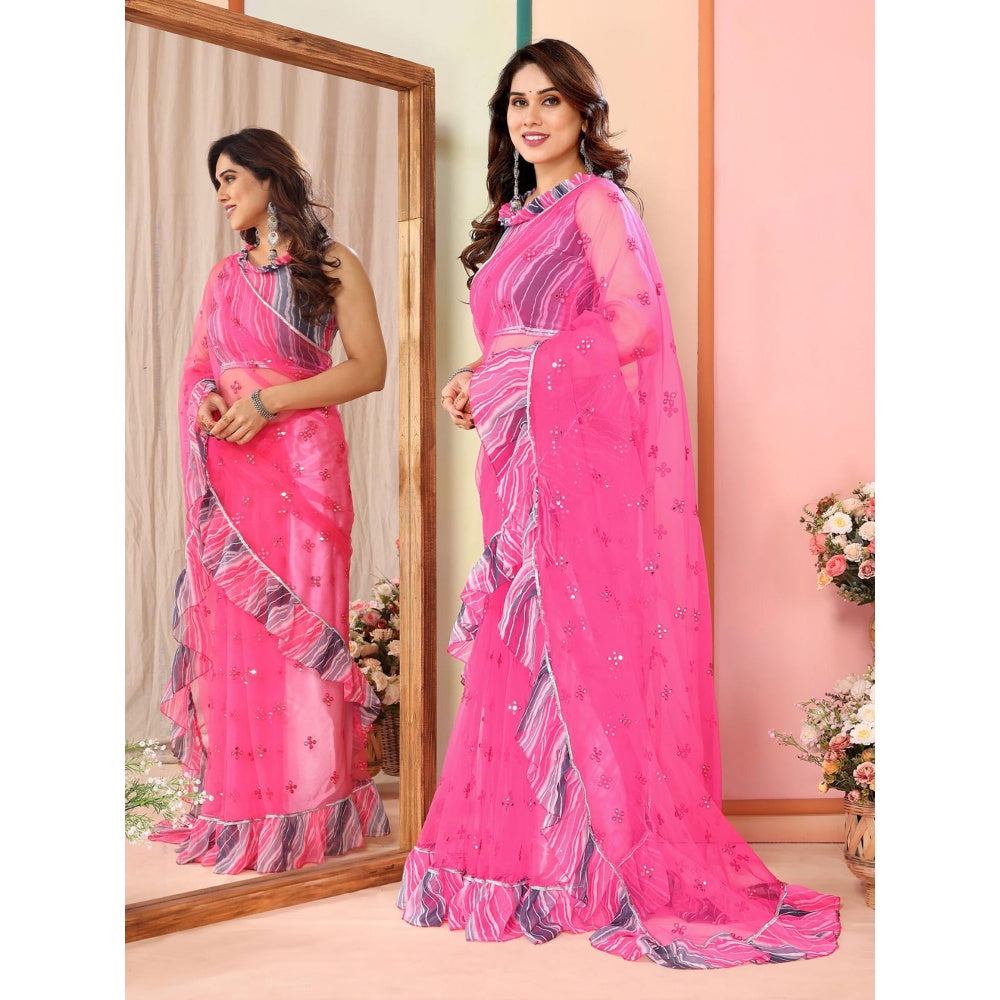 Odette Women Pink Net Mirror Work Saree & Unstitched Blouse