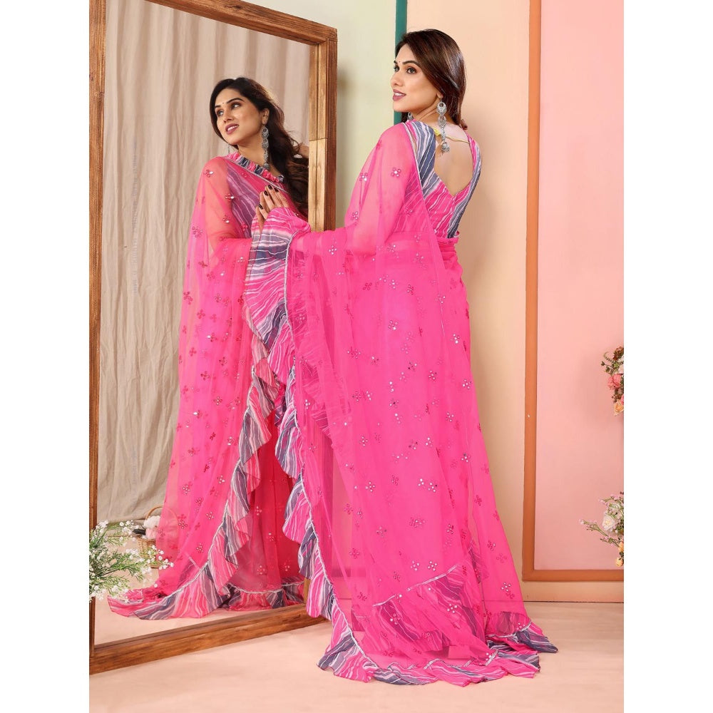 Odette Women Pink Net Mirror Work Saree & Unstitched Blouse