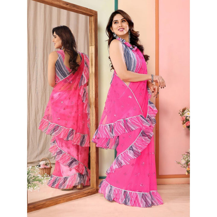 Odette Women Pink Net Mirror Work Saree & Unstitched Blouse