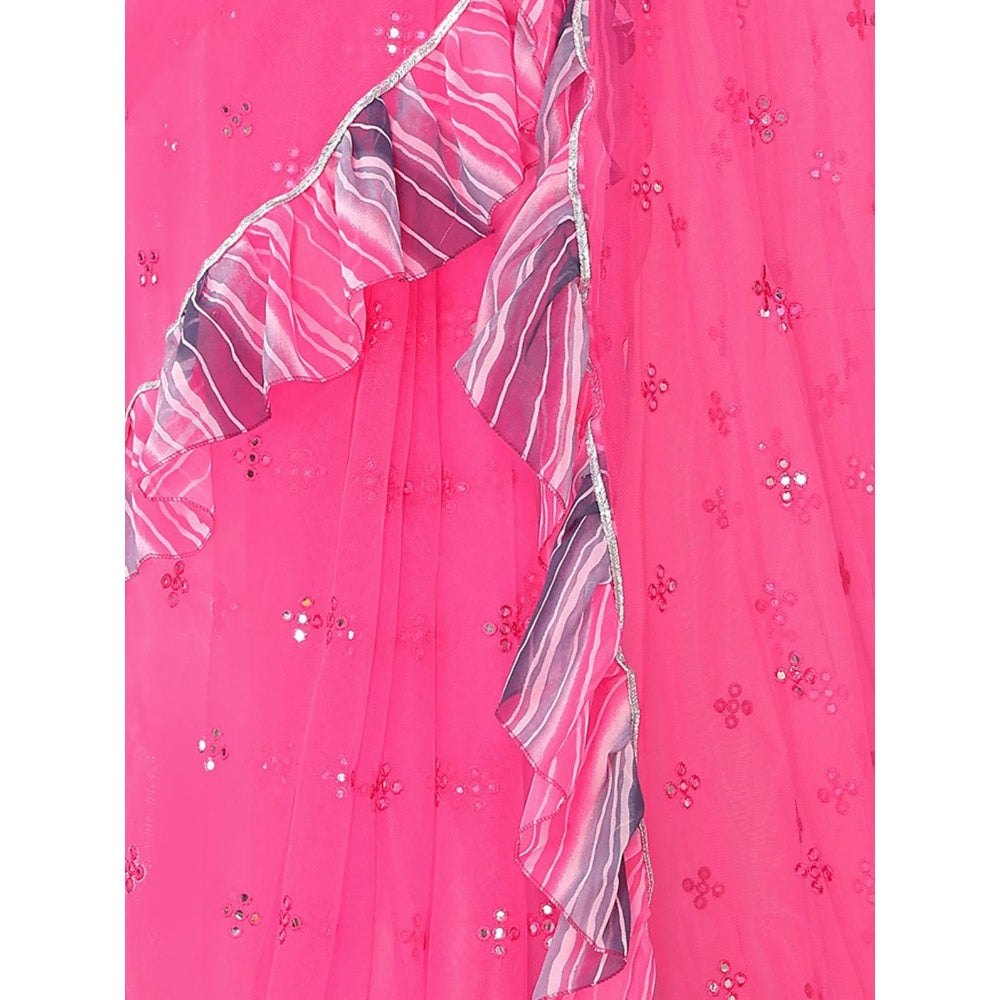 Odette Women Pink Net Mirror Work Saree & Unstitched Blouse