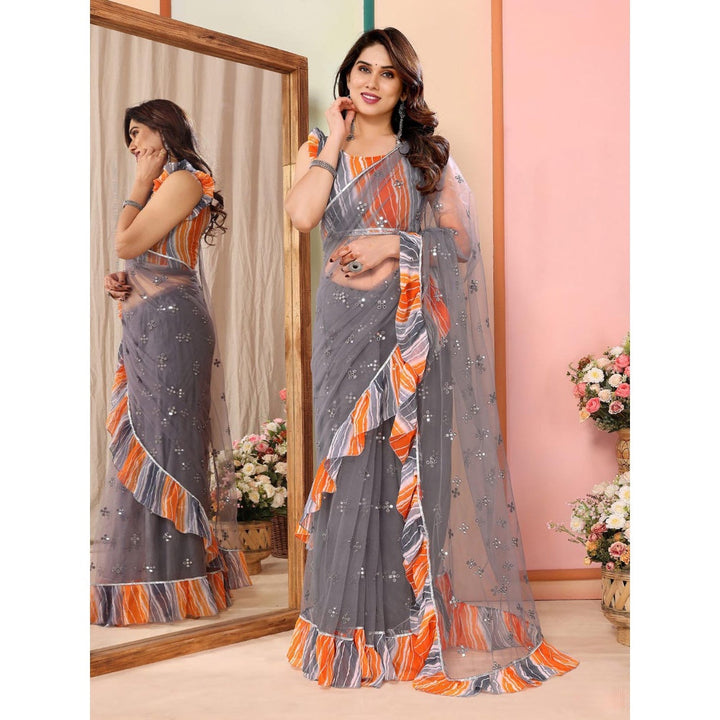 Odette Women Grey Net Mirror Work Saree & Unstitched Blouse