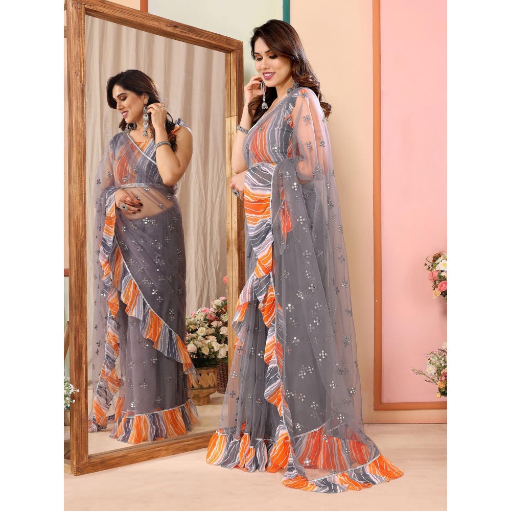 Odette Women Grey Net Mirror Work Saree & Unstitched Blouse